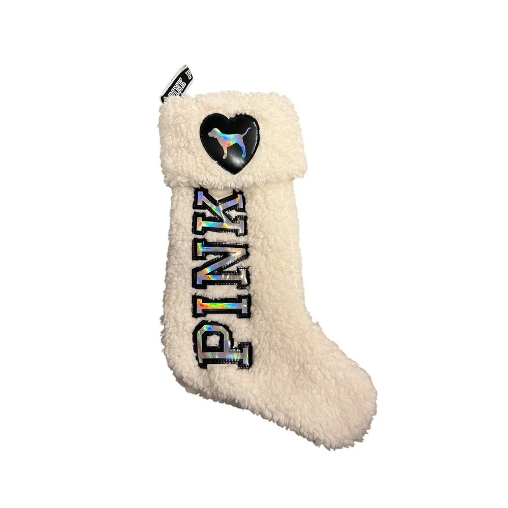 PINK Victorias Secret Fluffy White Sherpa Spellout Logo Christmas Stocking Plush
